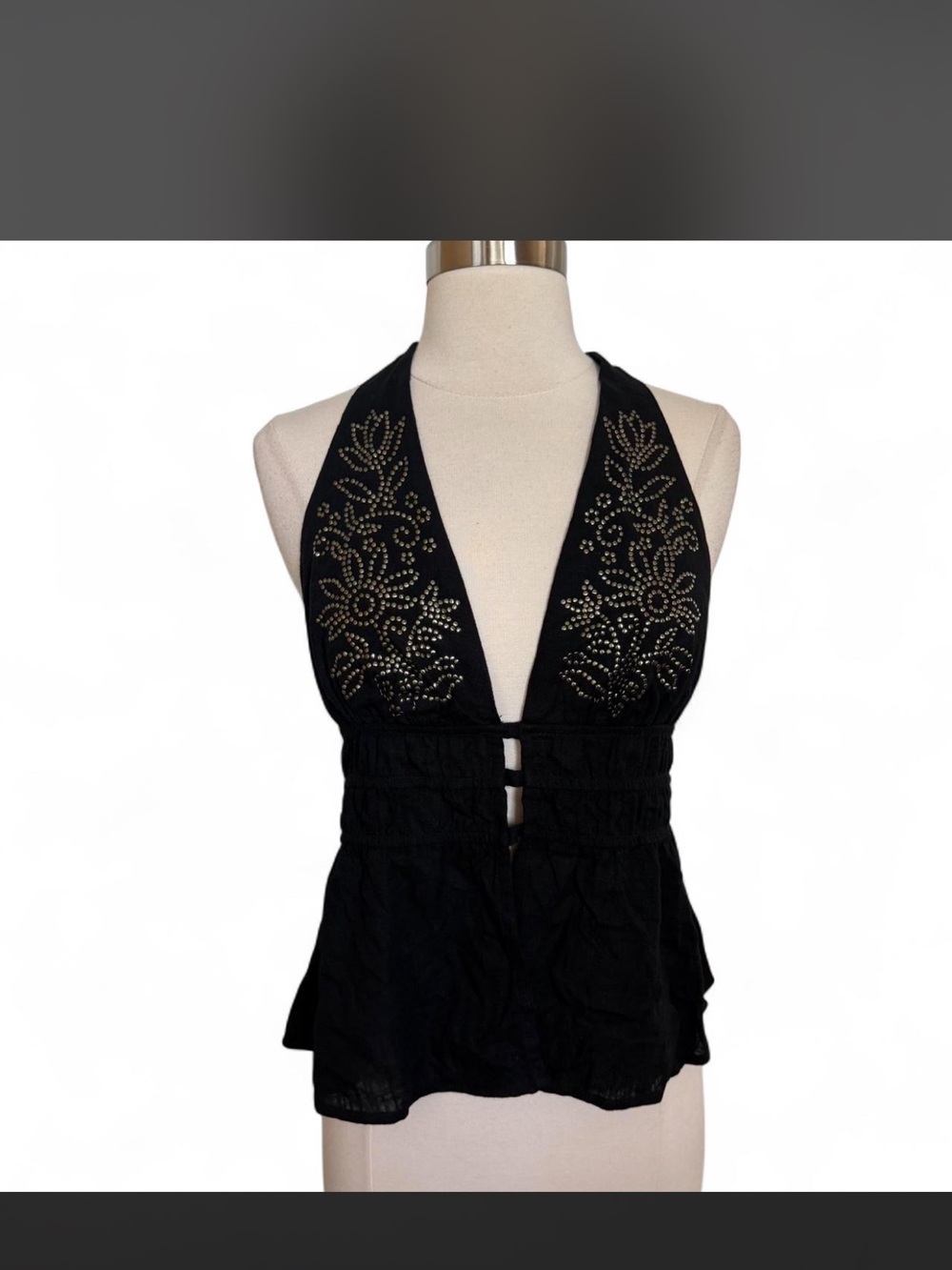 Women's Black Halter Top with Embellished V-Neck